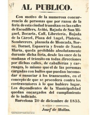 BARCELONA 1855. AL PUBLICO (Feria y circulación Barrio Gótico, Born y Sta. Mª del Mar)