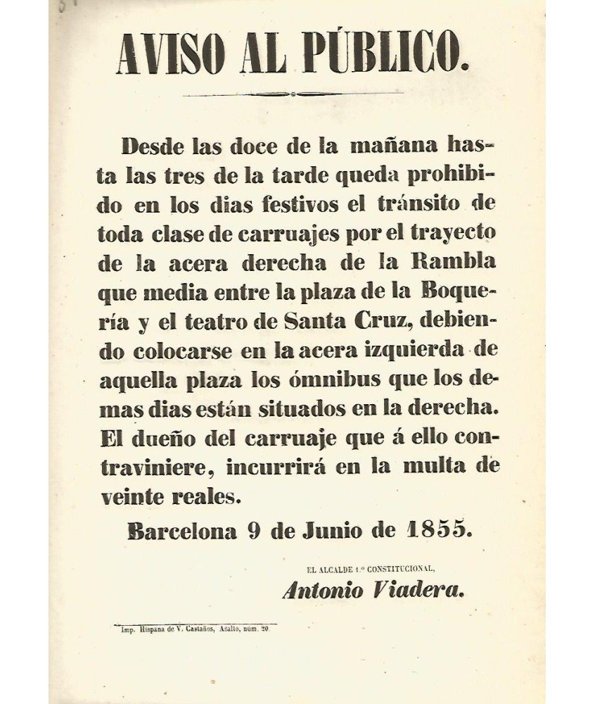 BARCELONA 1855. AVISO AL PUBLICO. RAMBLA ENTRE BOQUERIA Y SANTA CRUZ