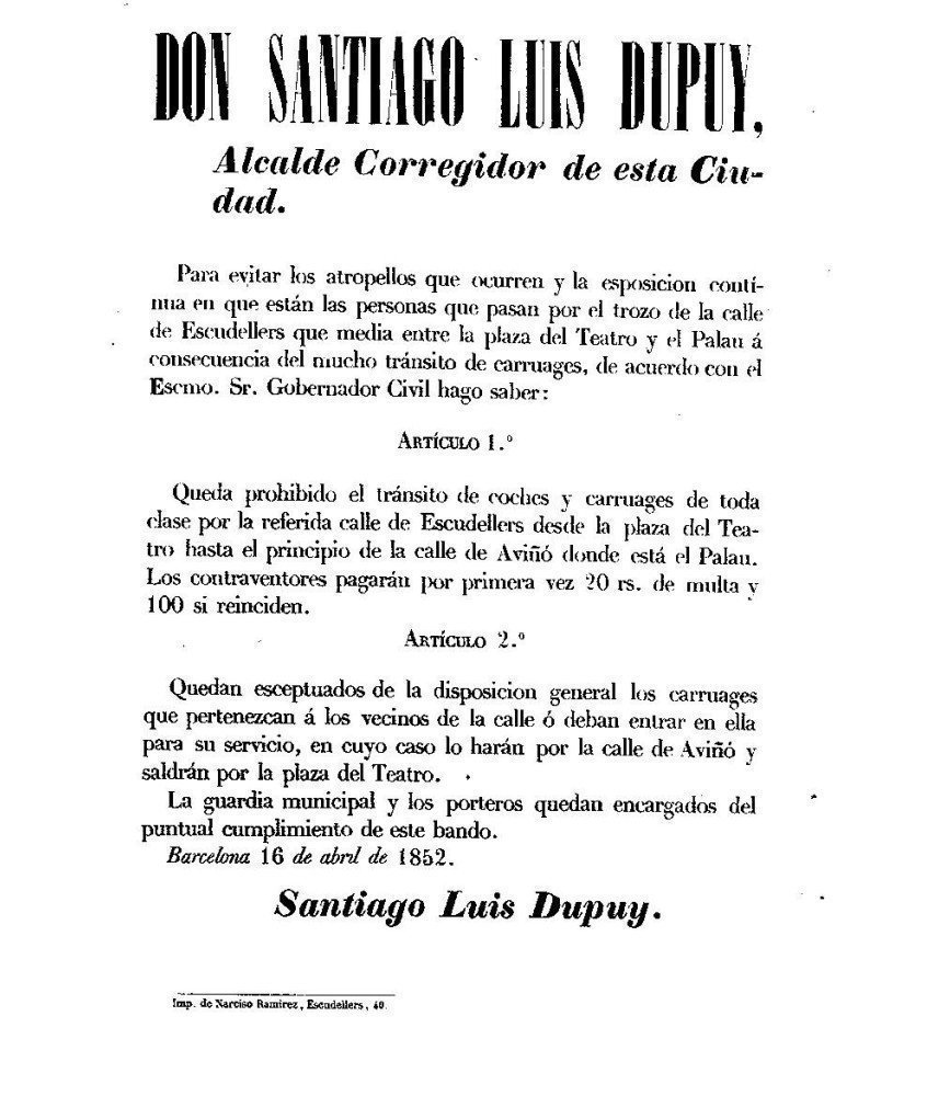 BARCELONA 1852. DON SANTIAGO LUIS DUPUY. CALLE ESCUDILLERS