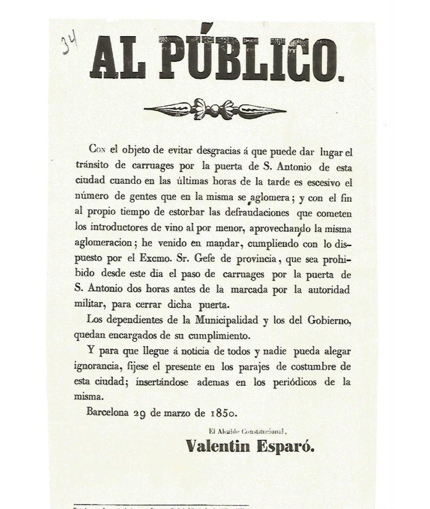 BARCELONA 1850. AL PUBLICO. PUERTA DE SAN ANTONIO.