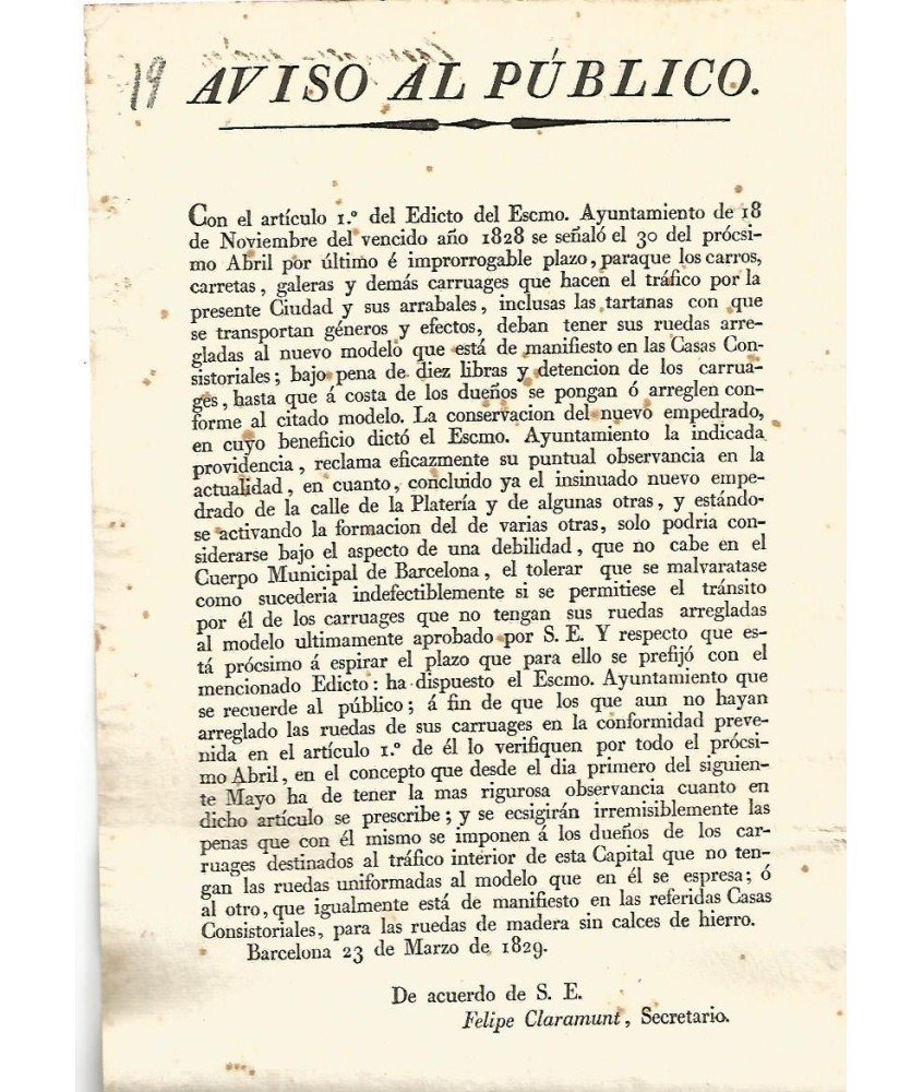 BARCELONA 1829. AVISO AL PUBLICO. CALLE PLATERIA (Argenteria)