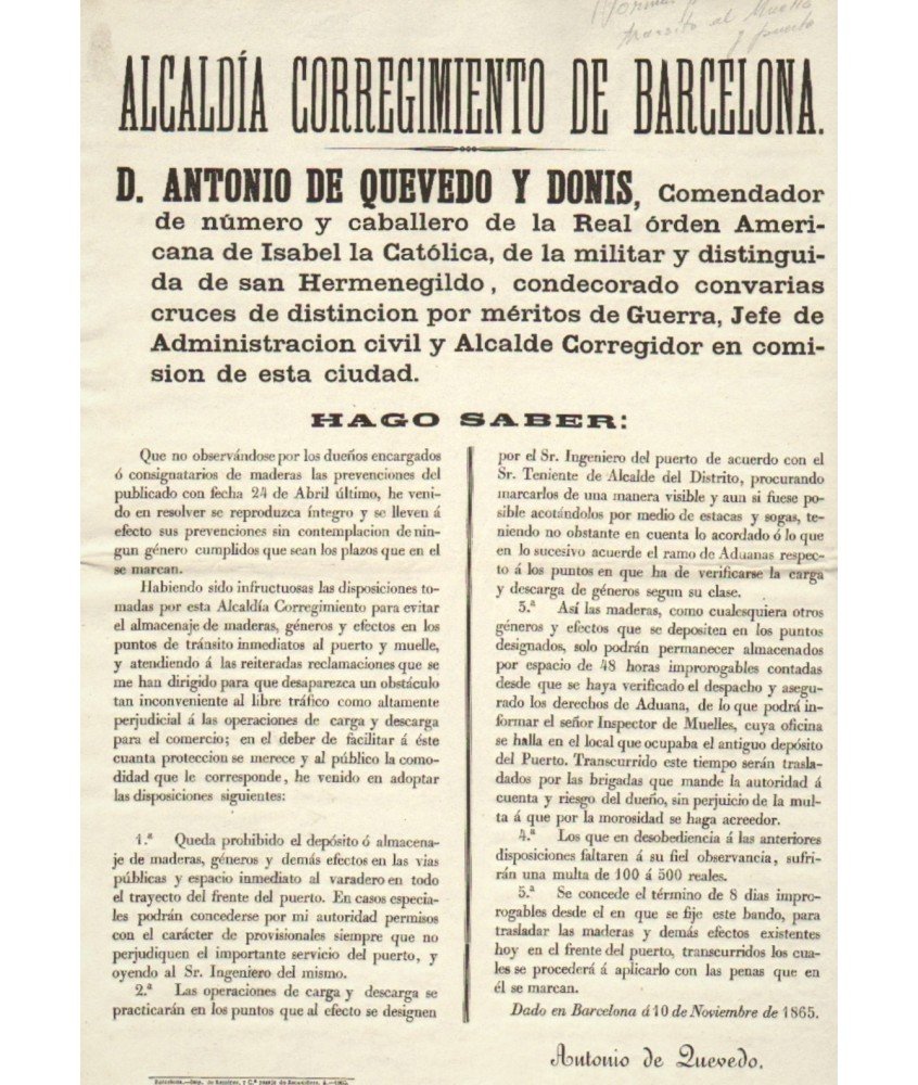 ANTONIO DE QUEVEDO MAYOR OF BARCELONA 1865. PORT.