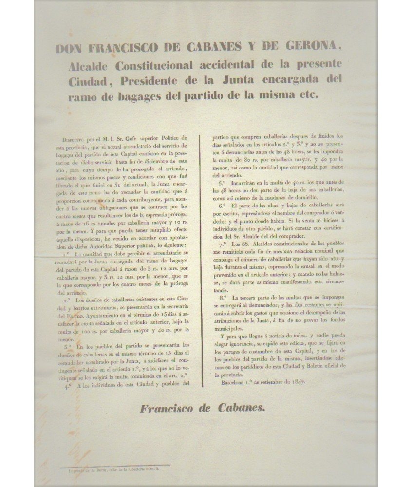 FRANCISCO DE CABANES. ALCALDE CONSTITUCIONAL DE BARCELONA 1847.CABALLERIA