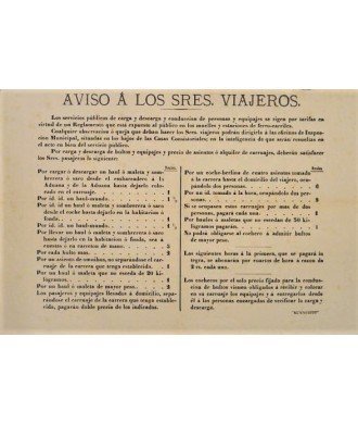AVISO A LOS VIAJEROS. BARCELONA Ca. 1860. TARIFAS