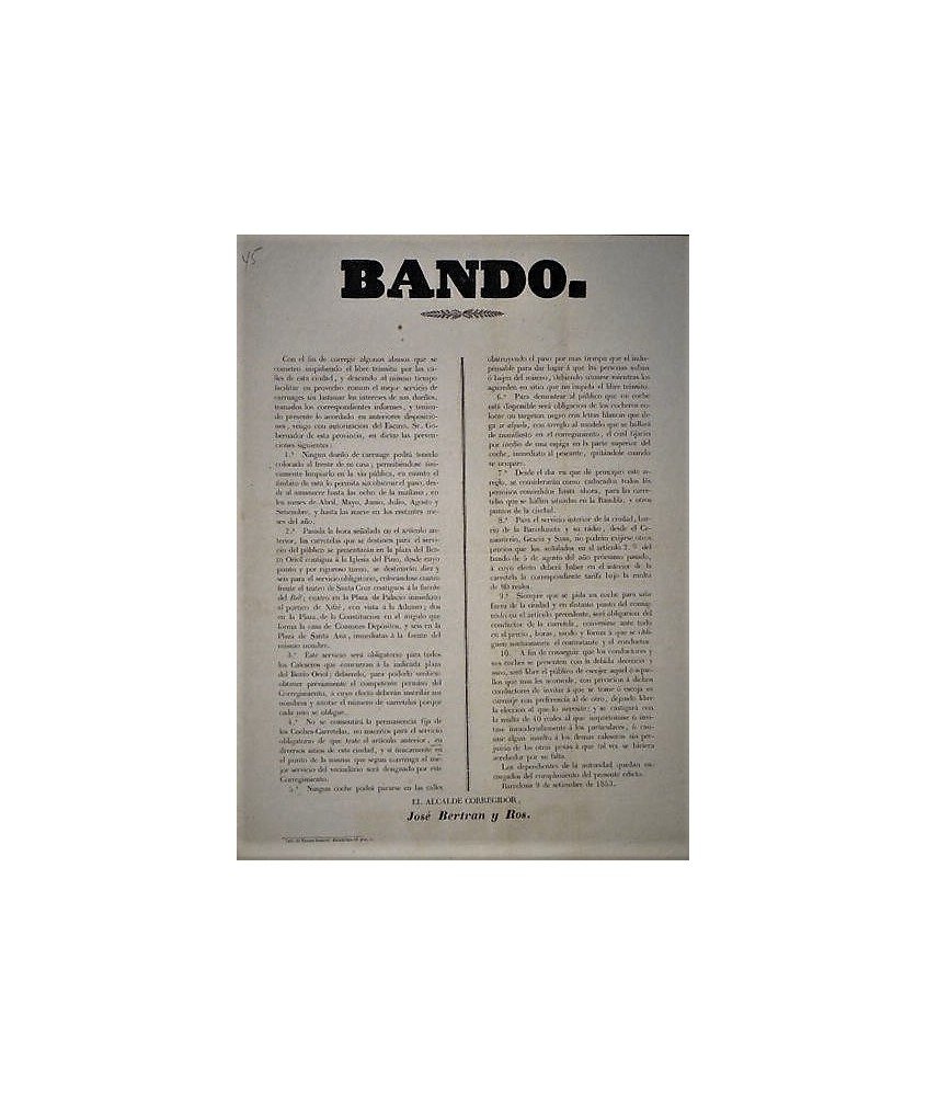 BANDO. BARCELONA 1853. CARRUAJES
