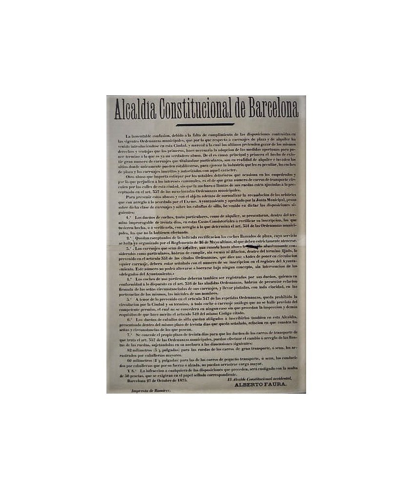 ALCALDIA CONSTITUCIONAL BARCELONA 1875. CARRUAJES